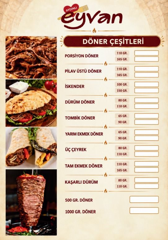 Basılı menünün döner çeşitleri sayfası