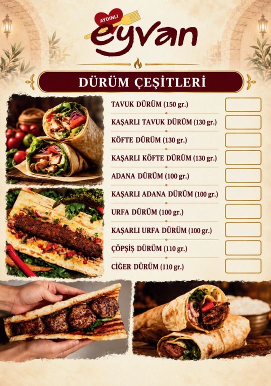 Basılı menünün dürüm çeşitleri sayfası