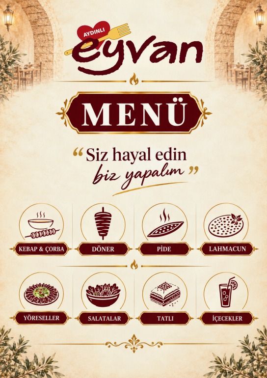 Eyvan Aydınlı basılı menüsünün kapağı: “Menü” başlığı ve kebap, döner, pide, lahmacun, yöresel, salata, tatlı ve içecek kategorileri