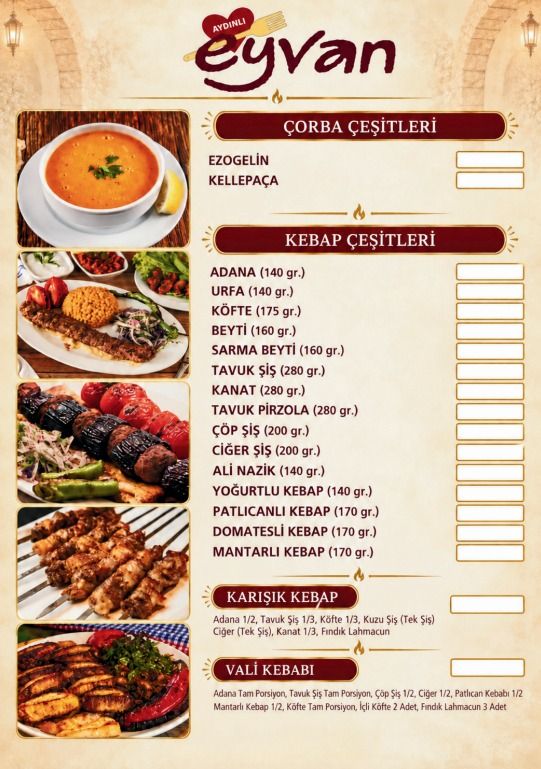 Basılı menünün çorba ve kebap çeşitleri sayfası