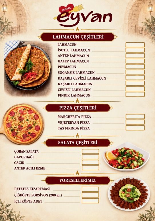Basılı menünün lahmacun, pizza, salata ve yöresel ürünler sayfası