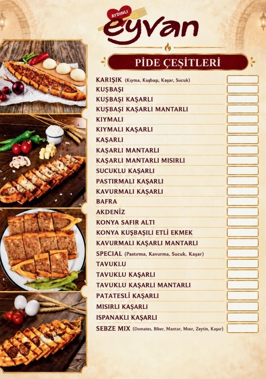 Basılı menünün pide çeşitleri sayfası