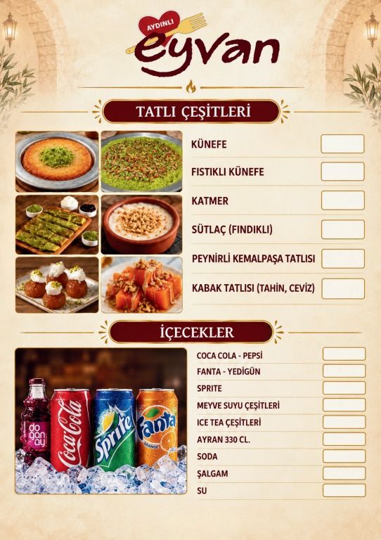 Basılı menünün tatlı ve içecek çeşitleri sayfası