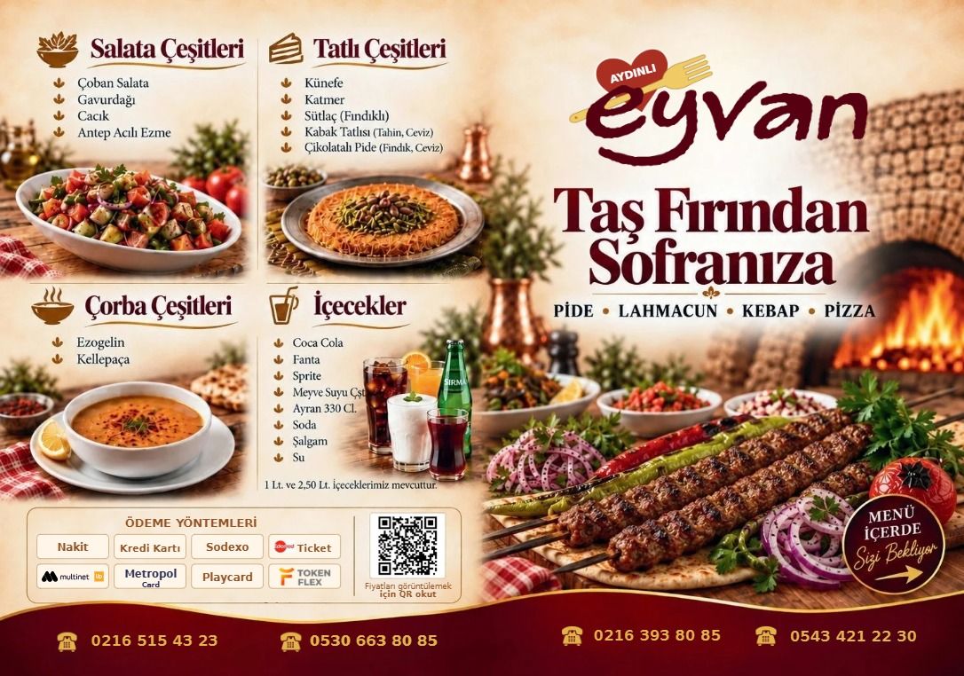 Eyvan Aydınlı broşürünün dış yüzü: “Taş Fırından Sofranıza” başlığı; salata, tatlı, çorba ve içecek çeşitleri, ödeme yöntemleri ve fiyatlar için QR kod