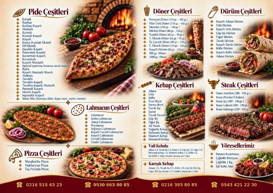 Eyvan Aydınlı broşürünün iç yüzü: pide, döner, dürüm, kebap, steak, lahmacun, pizza ve yöresel ürün çeşitleri