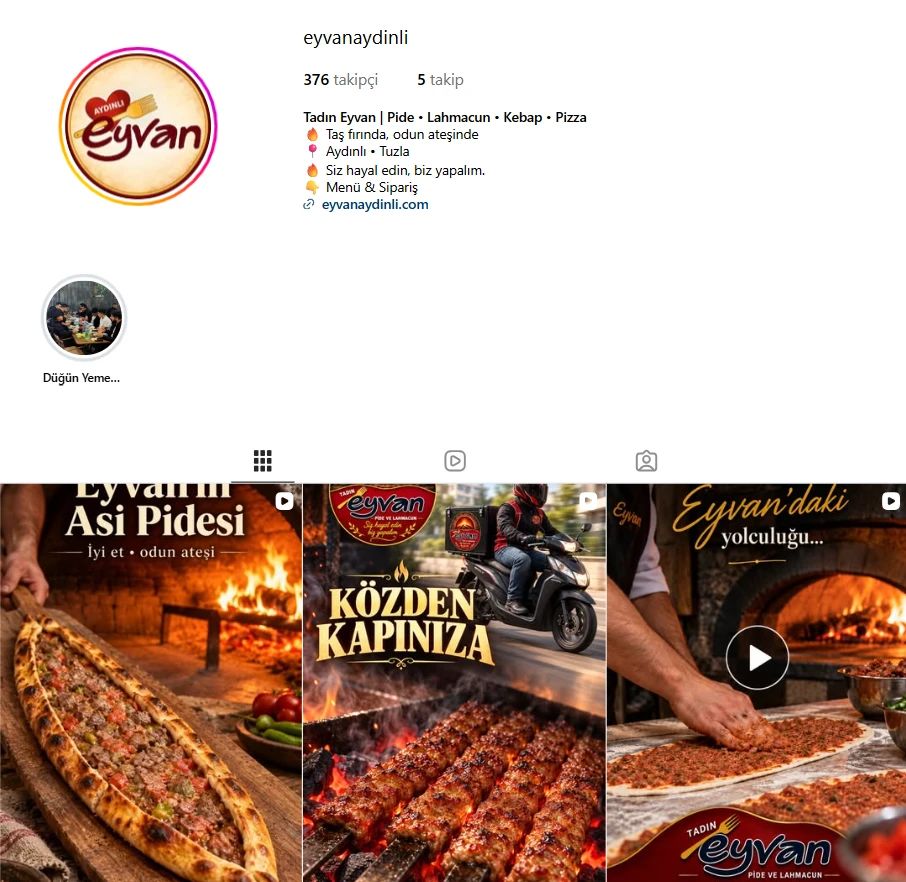 Eyvan Aydınlı Instagram profili: logo, biyografi, öne çıkan hikâye ve taş fırın ürünlerini gösteren gönderiler