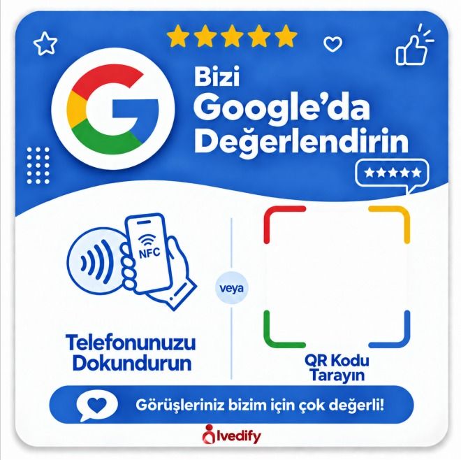 NFC Google yorum kartı: “Bizi Google’da Değerlendirin” başlığı, telefonu dokundurma ve QR tarama alanları