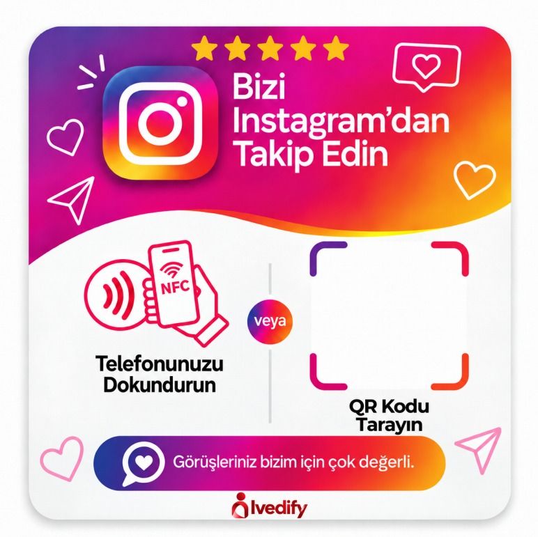 NFC Instagram kartı: “Bizi Instagram’dan Takip Edin” başlığı, telefonu dokundurma ve QR tarama alanları