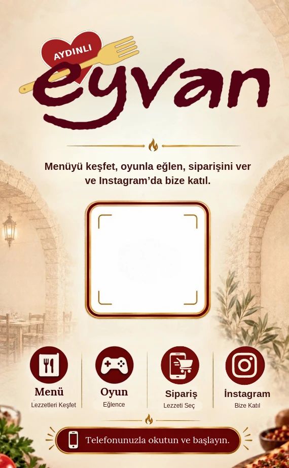 Eyvan Aydınlı QR masa kartı: logo, QR alanı ve menü, oyun, sipariş, Instagram simgeleri