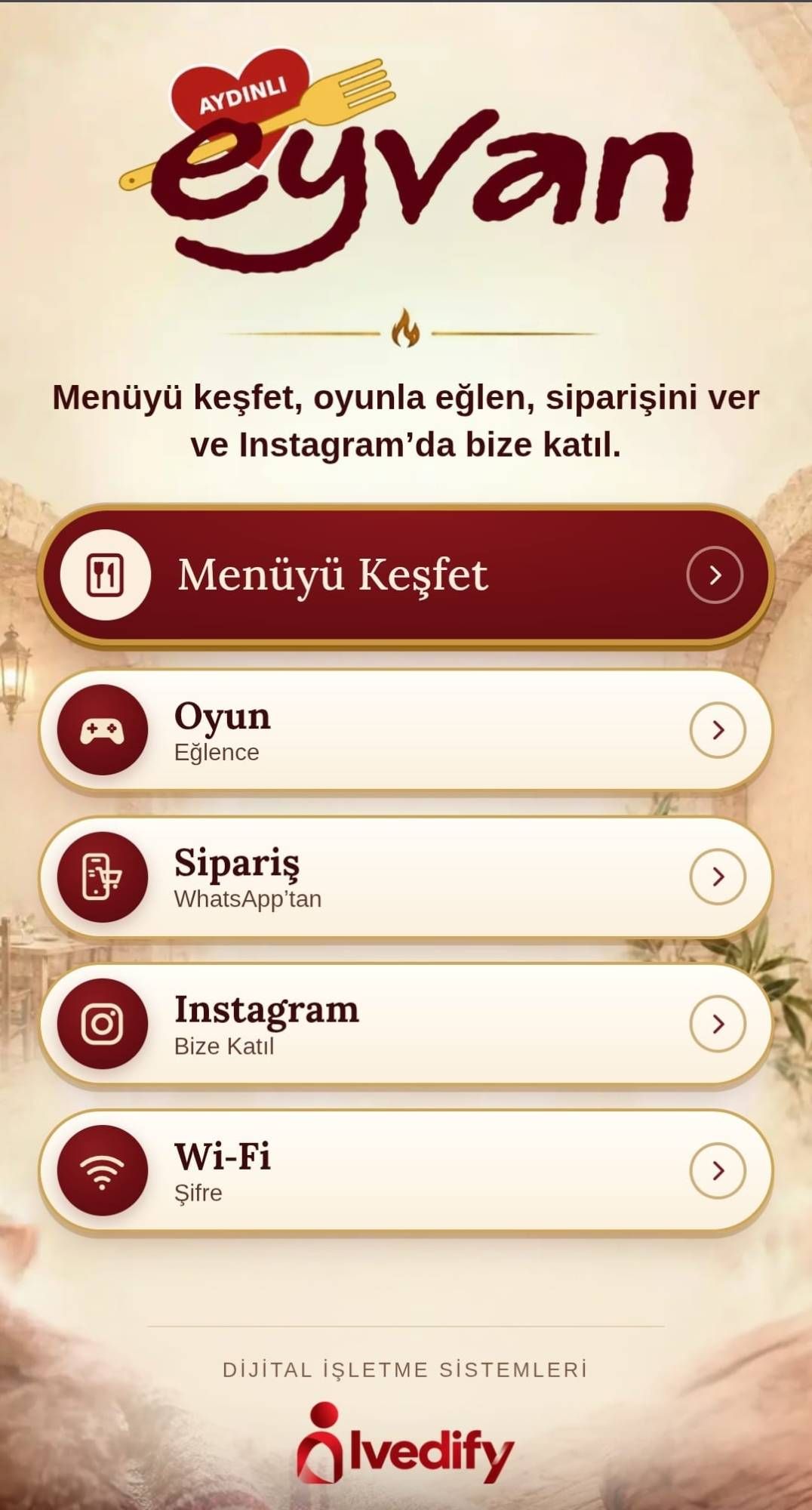 Eyvan Aydınlı çoklu QR menüsü telefonda: Menüyü keşfet, Oyun, Sipariş, Instagram ve Wi-Fi düğmeleri